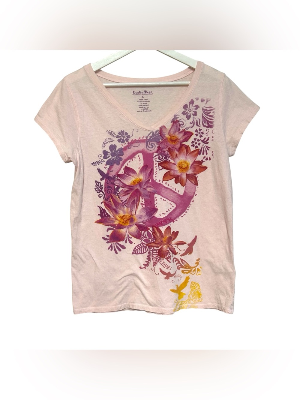 Lucky brand L tee shirt boho hippie peace sign flowers love vintage Y2K